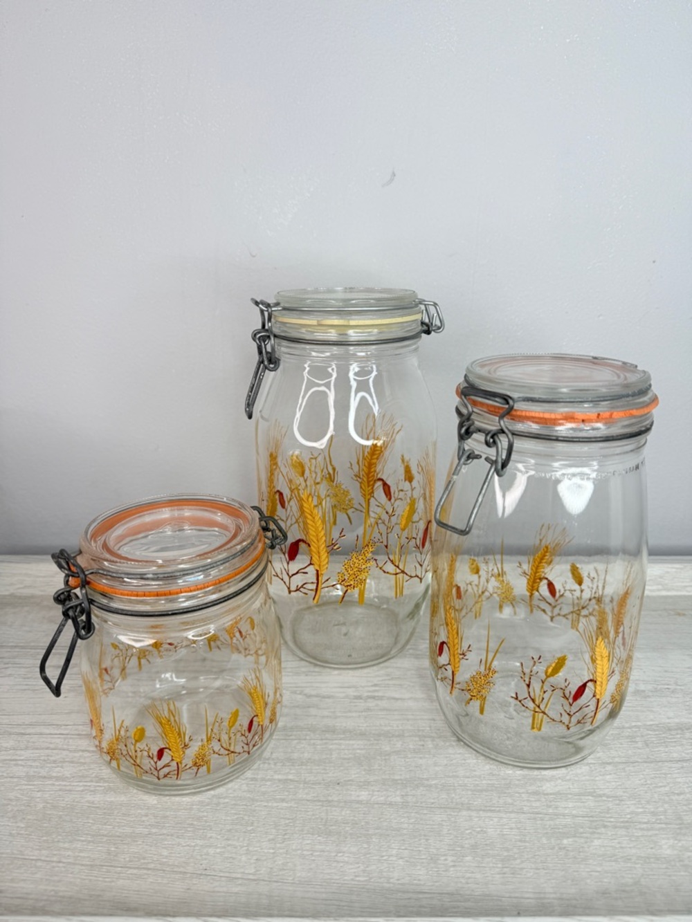 Set of 3 Vintage Arc Made in France wheat pattern glass canister jars